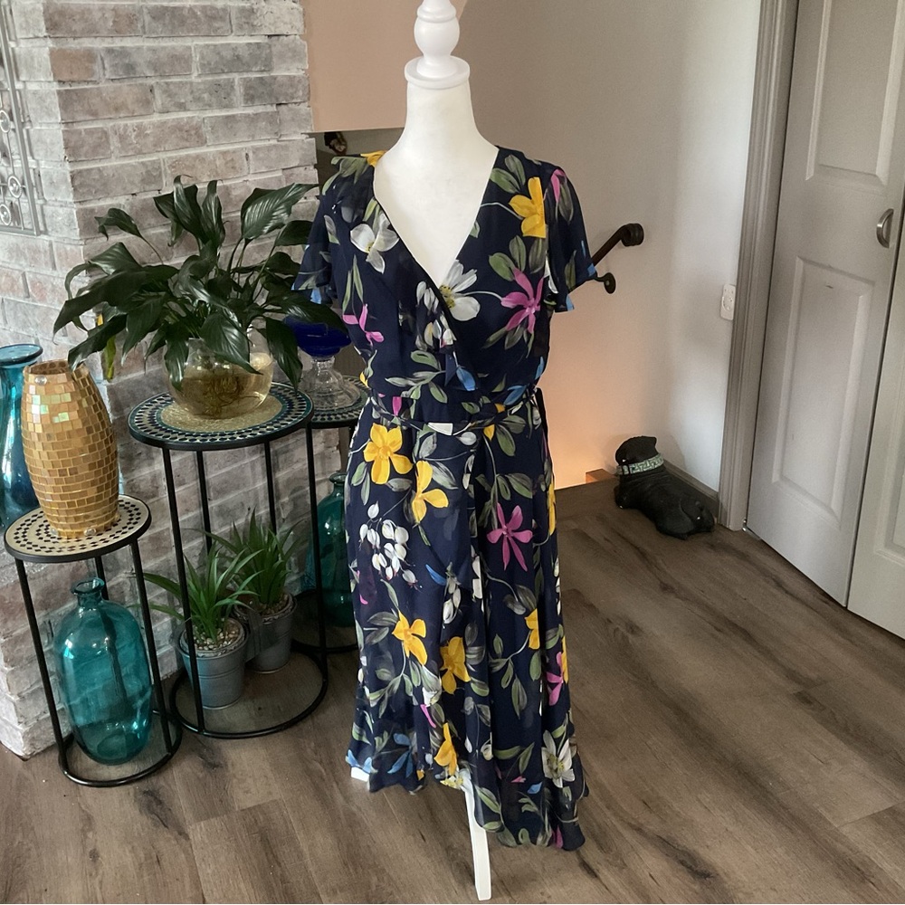 Adrianna Papell Blue and Yellow Asymmetrical Wrap Midi Dress - Picture 1 of 5